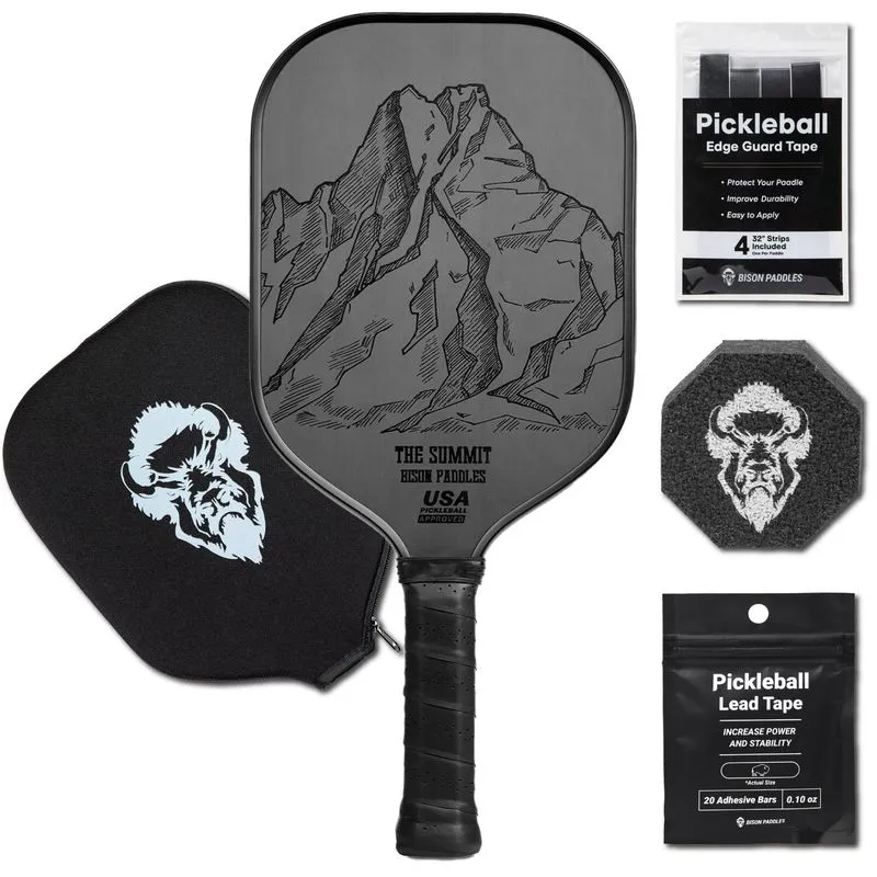 Bison Paddles Carbon Fiber The Summit resting on a pickleball net